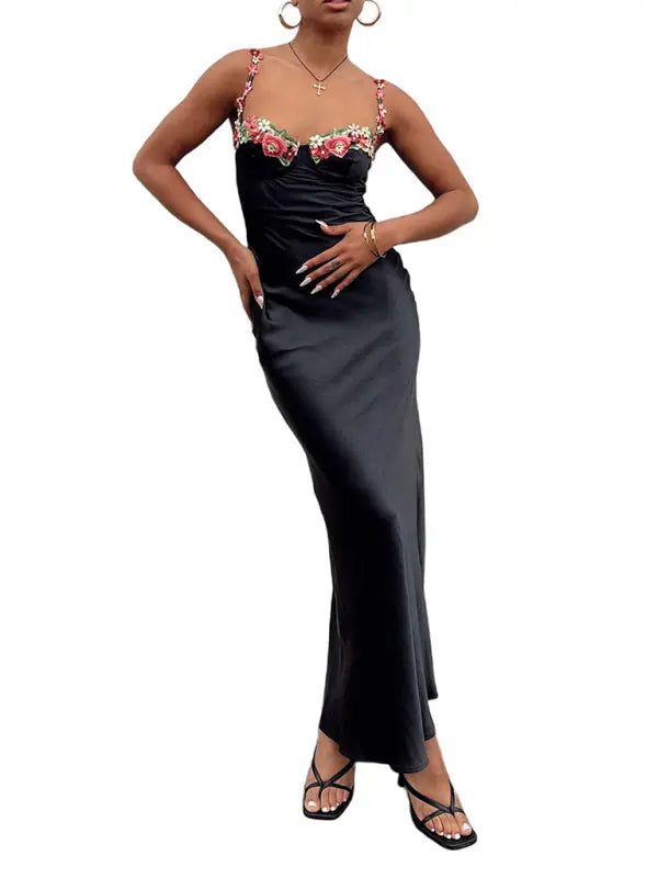 Blue Zone Planet |   Isabella's Embroidered Lace Camisole Solid Color Long Dress BLUE ZONE PLANET