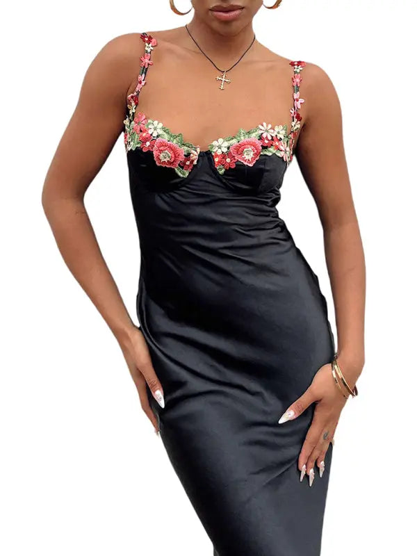 Blue Zone Planet |   Isabella's Embroidered Lace Camisole Solid Color Long Dress BLUE ZONE PLANET