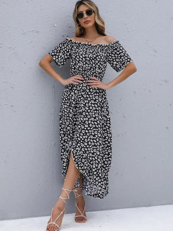 Blue Zone Planet | Isabella's Short-Sleeved Floral Skirt Irregular One-Shoulder Midi Dress BLUE ZONE PLANET
