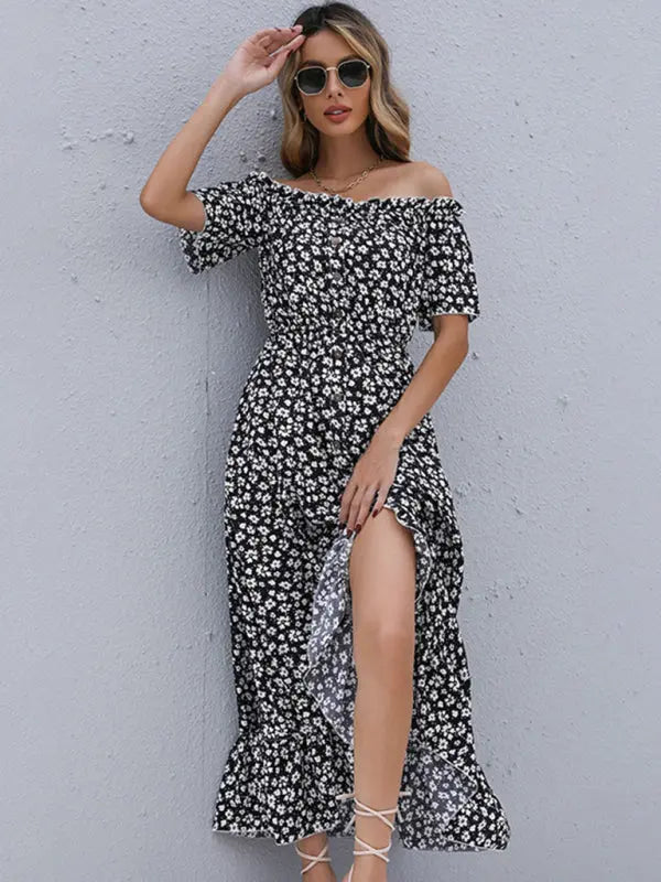 Blue Zone Planet | Isabella's Short-Sleeved Floral Skirt Irregular One-Shoulder Midi Dress BLUE ZONE PLANET