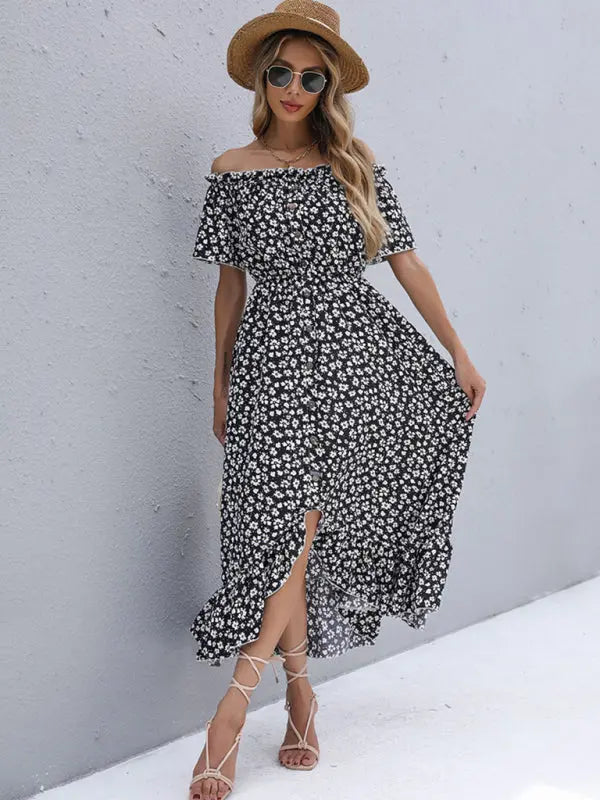 Blue Zone Planet | Isabella's Short-Sleeved Floral Skirt Irregular One-Shoulder Midi Dress BLUE ZONE PLANET
