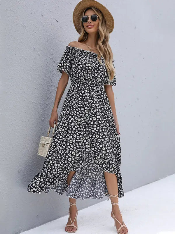 Blue Zone Planet | Isabella's Short-Sleeved Floral Skirt Irregular One-Shoulder Midi Dress BLUE ZONE PLANET