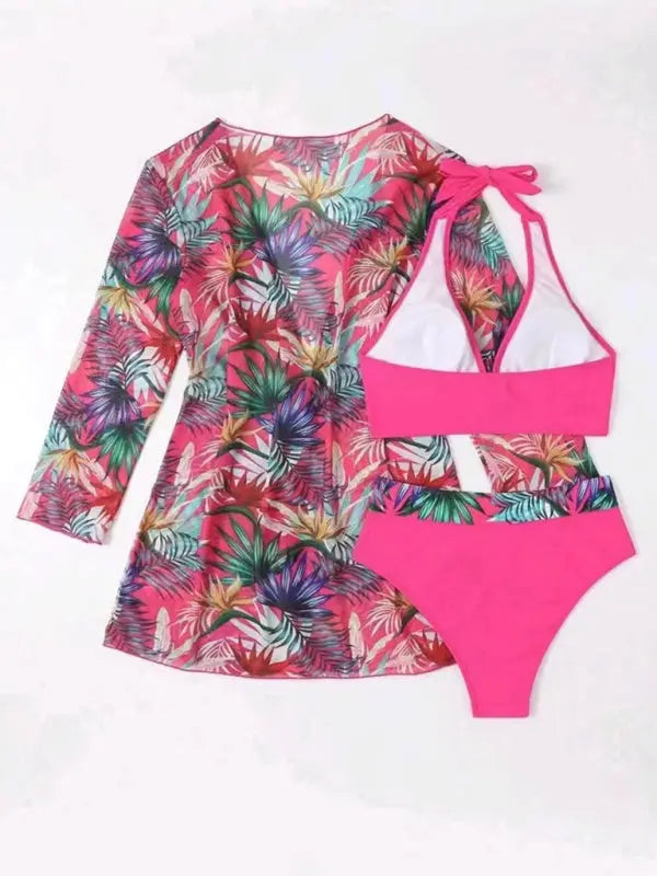 Blue Zone Planet | Isla's bikini push-up split botanical print mesh coverup three-piece set BLUE ZONE PLANET
