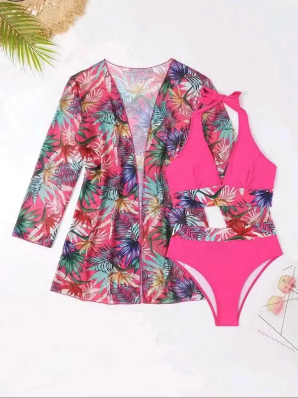 Blue Zone Planet | Isla's bikini push-up split botanical print mesh coverup three-piece set BLUE ZONE PLANET