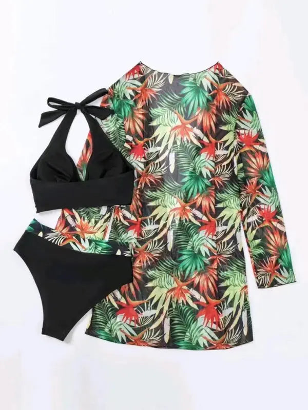 Blue Zone Planet | Isla's bikini push-up split botanical print mesh coverup three-piece set BLUE ZONE PLANET