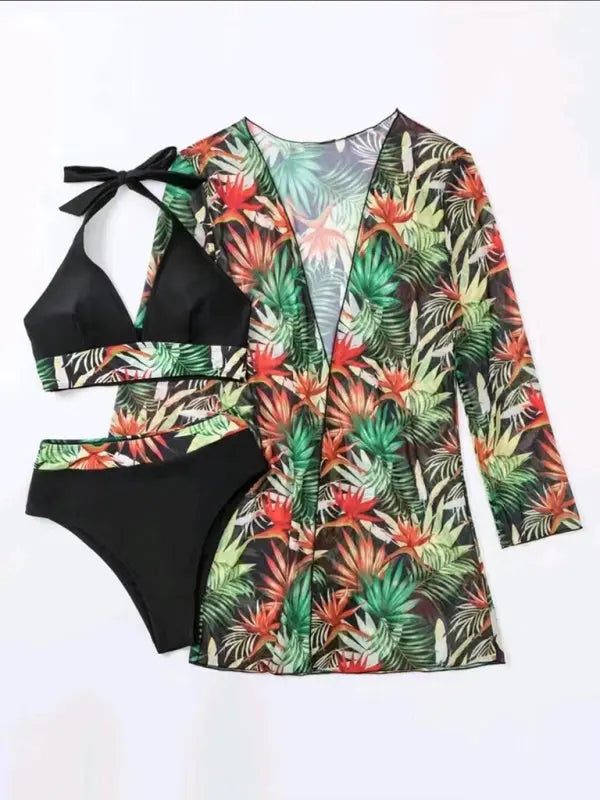 Blue Zone Planet | Isla's bikini push-up split botanical print mesh coverup three-piece set BLUE ZONE PLANET