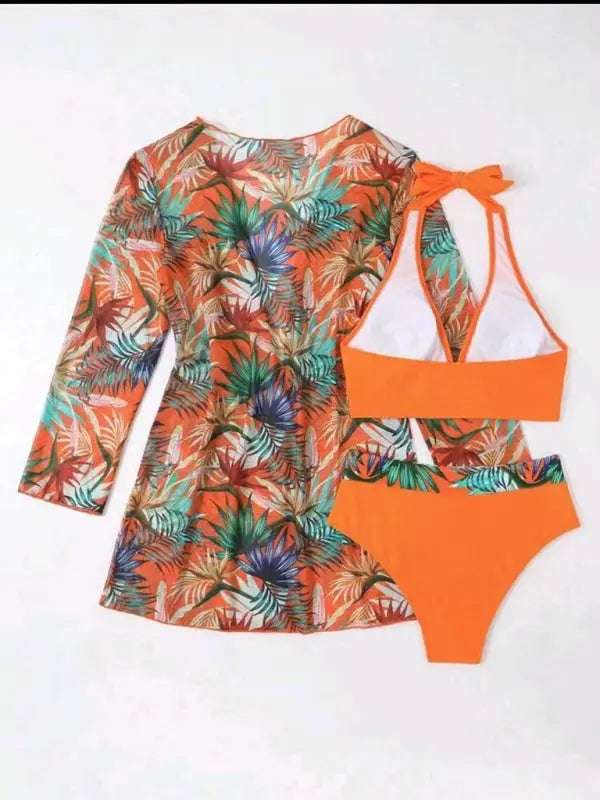 Blue Zone Planet | Isla's bikini push-up split botanical print mesh coverup three-piece set BLUE ZONE PLANET