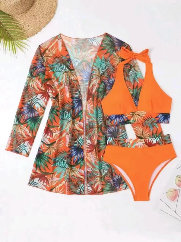 Blue Zone Planet | Isla's bikini push-up split botanical print mesh coverup three-piece set BLUE ZONE PLANET