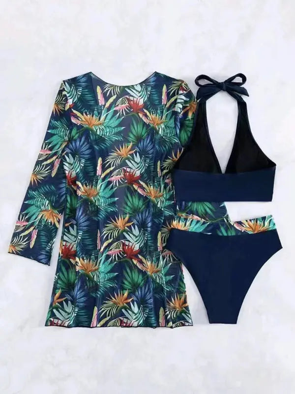 Blue Zone Planet | Isla's bikini push-up split botanical print mesh coverup three-piece set BLUE ZONE PLANET