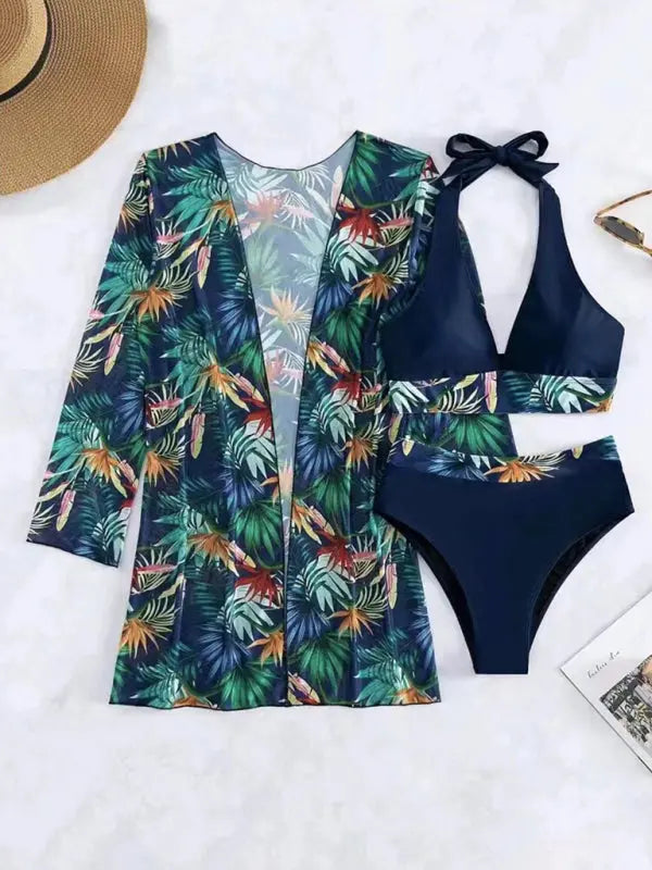 Blue Zone Planet | Isla's bikini push-up split botanical print mesh coverup three-piece set BLUE ZONE PLANET