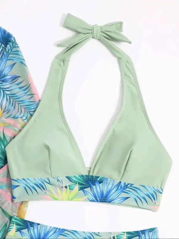 Blue Zone Planet | Isla's bikini push-up split botanical print mesh coverup three-piece set BLUE ZONE PLANET