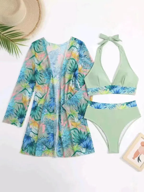 Blue Zone Planet | Isla's bikini push-up split botanical print mesh coverup three-piece set BLUE ZONE PLANET