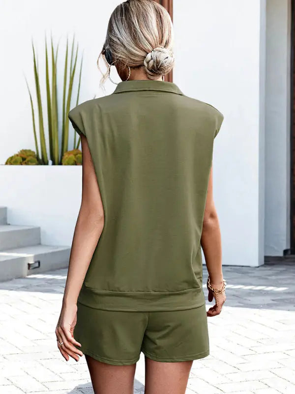 Blue Zone Planet |  Knitted Shoulder Pad Vest Shorts Two-Piece Set BLUE ZONE PLANET