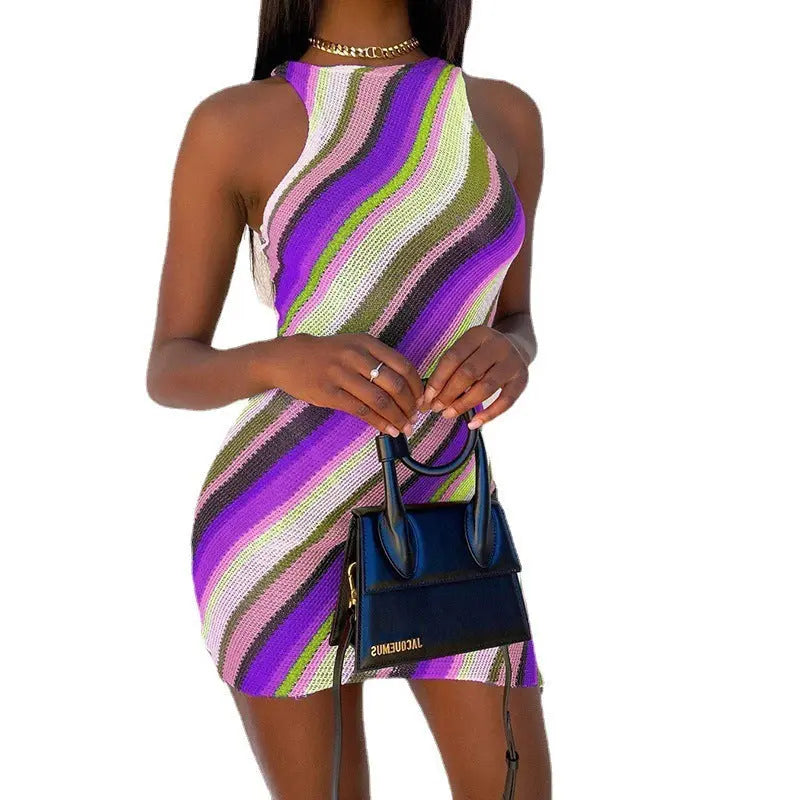 Blue Zone Planet | Knitted Slim Sleeveless Round Neck Color Stripe Dress BLUE ZONE PLANET