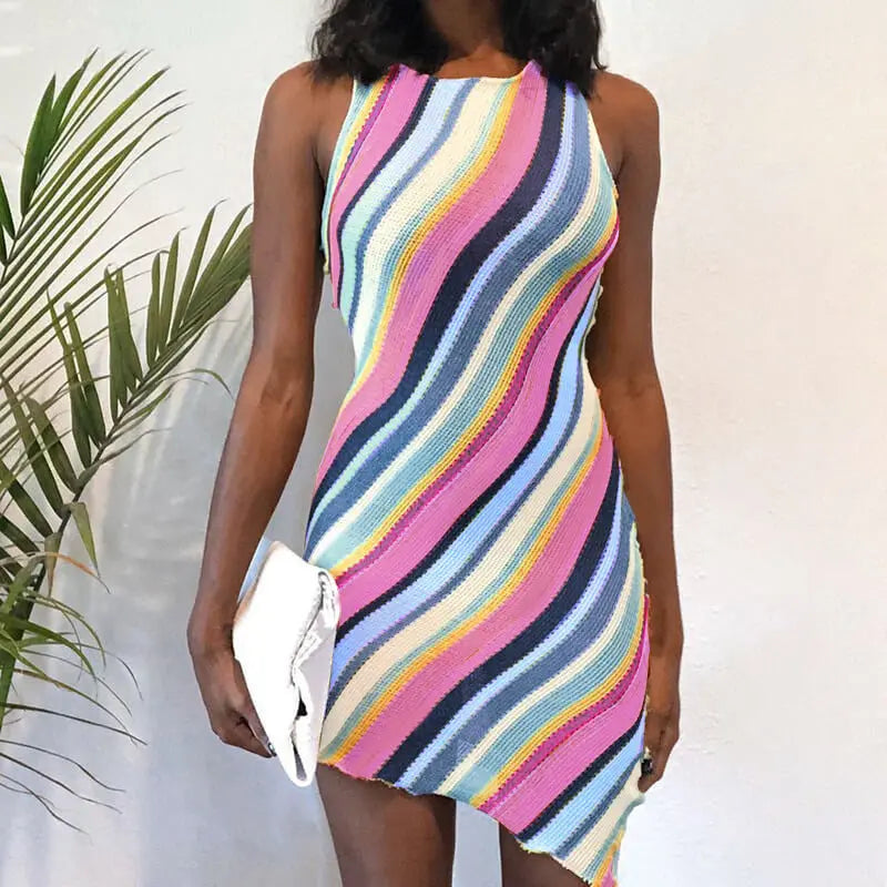Blue Zone Planet | Knitted Slim Sleeveless Round Neck Color Stripe Dress BLUE ZONE PLANET