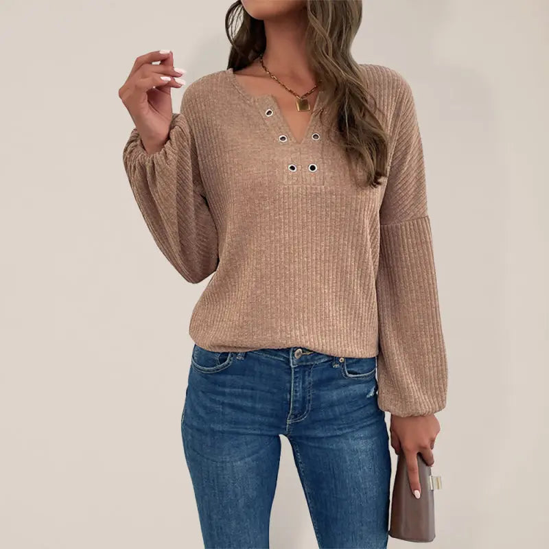 Blue Zone Planet | Knitted V-Neck Pit Lantern Sleeve Top BLUE ZONE PLANET