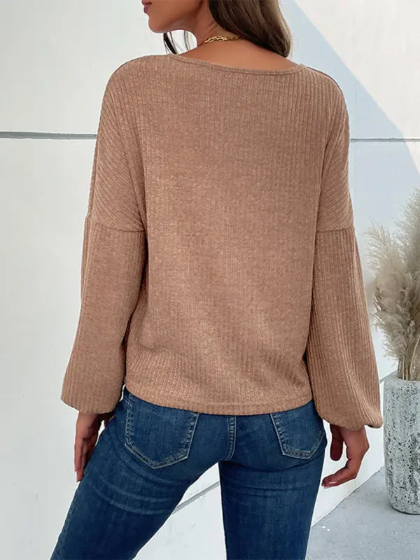 Blue Zone Planet | Knitted V-Neck Pit Lantern Sleeve Top BLUE ZONE PLANET