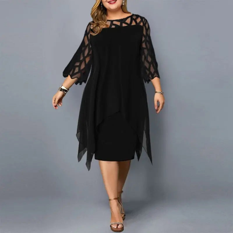 Blue Zone Planet | Lace Stitching Three-quarter Sleeve Irregular Hem Chiffon Dress BLUE ZONE PLANET