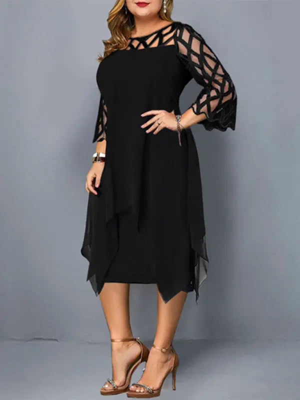 Blue Zone Planet | Lace Stitching Three-quarter Sleeve Irregular Hem Chiffon Dress BLUE ZONE PLANET
