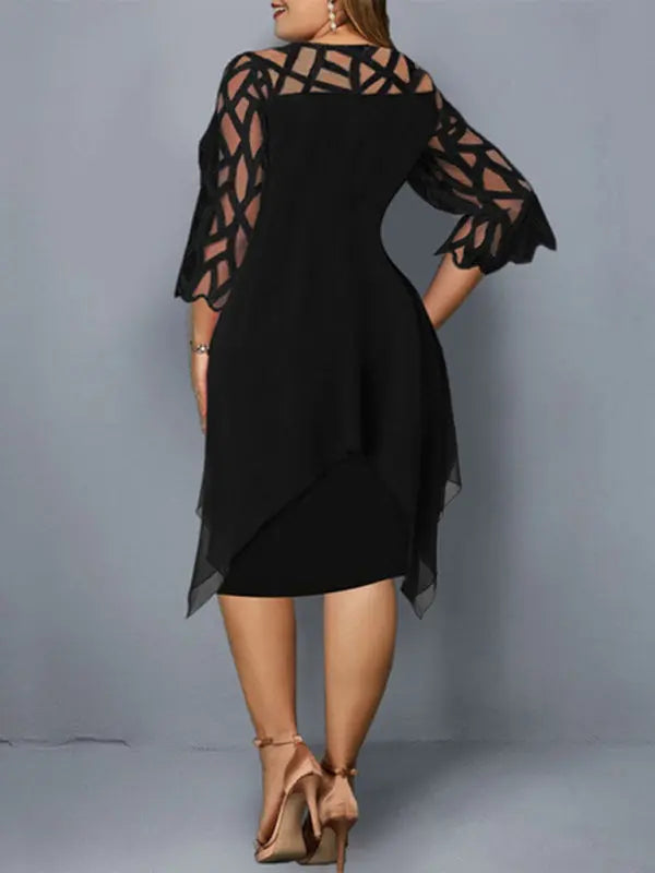 Blue Zone Planet | Lace Stitching Three-quarter Sleeve Irregular Hem Chiffon Dress BLUE ZONE PLANET