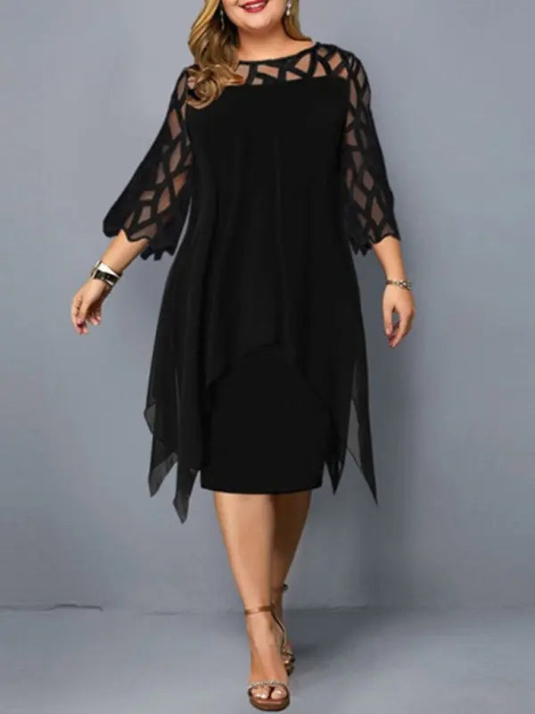 Blue Zone Planet | Lace Stitching Three-quarter Sleeve Irregular Hem Chiffon Dress BLUE ZONE PLANET