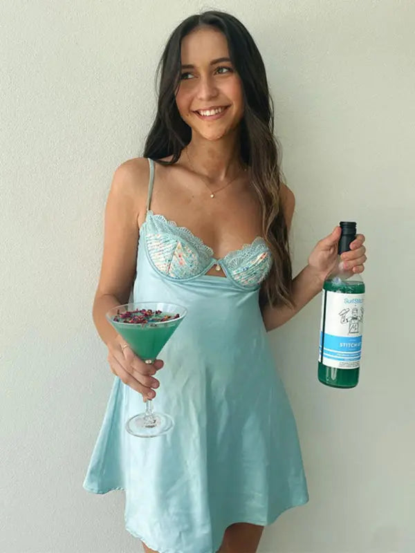 Blue Zone Planet | Lace splicing spaghetti strap skirt strap low-cut dress BLUE ZONE PLANET