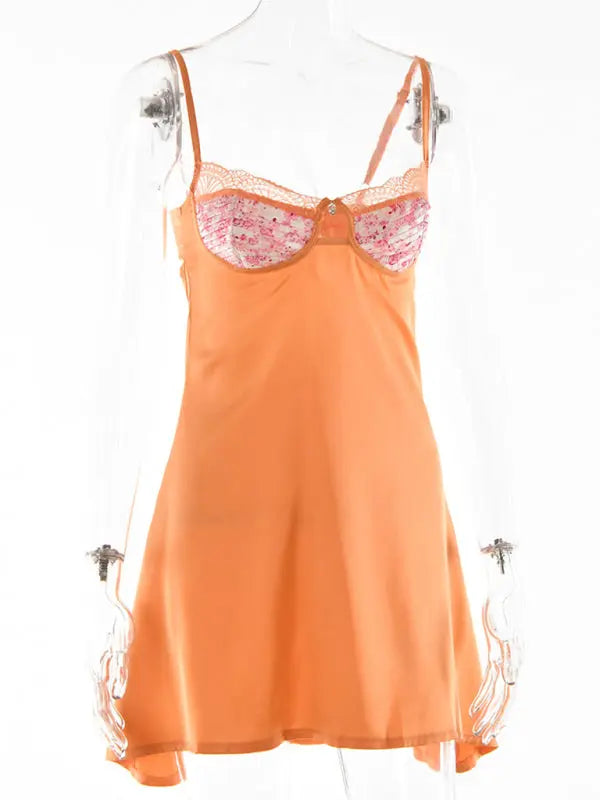 Blue Zone Planet | Lace splicing spaghetti strap skirt strap low-cut dress BLUE ZONE PLANET
