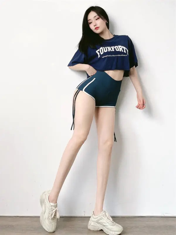 Blue Zone Planet | Lace-up hip-lifting hot pants worn outside fitness running yoga sports peach shorts BLUE ZONE PLANET