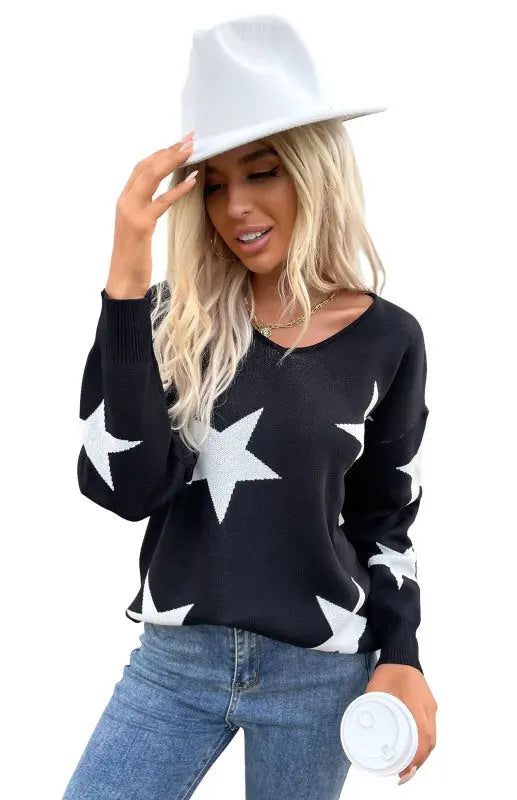 Blue Zone Planet | Ladies Jacquard Star Pattern Sweater BLUE ZONE PLANET