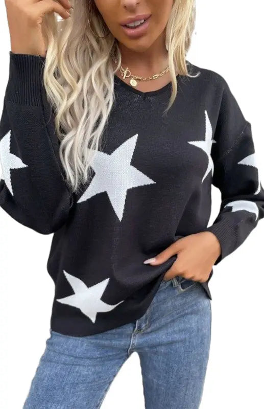 Blue Zone Planet | Ladies Jacquard Star Pattern Sweater BLUE ZONE PLANET