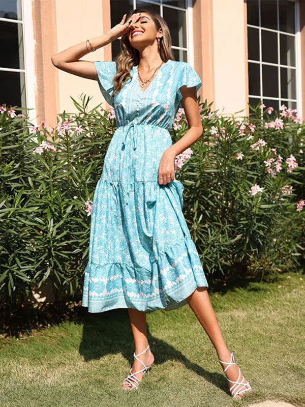 Blue Zone Planet | Ladies Vacation Slim Midi Floral Dress BLUE ZONE PLANET