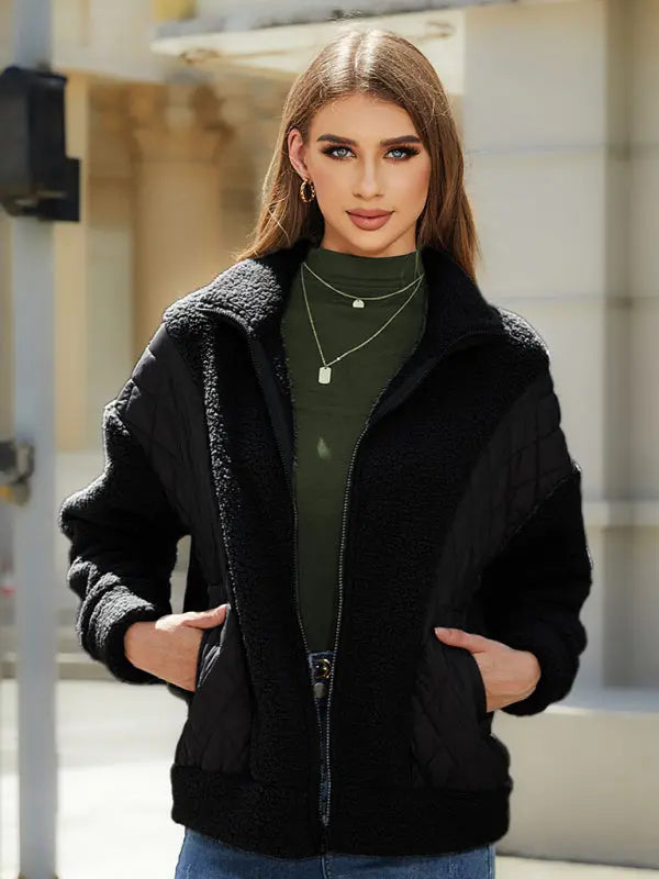 Blue Zone Planet | Long Sleeve Cardigan Zippered Plush Patchwork Jacket BLUE ZONE PLANET