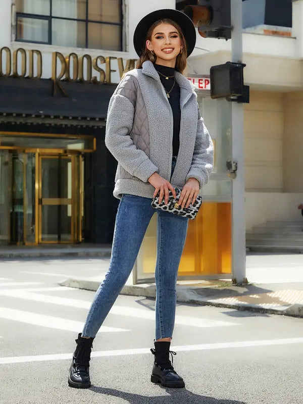 Blue Zone Planet | Long Sleeve Cardigan Zippered Plush Patchwork Jacket BLUE ZONE PLANET