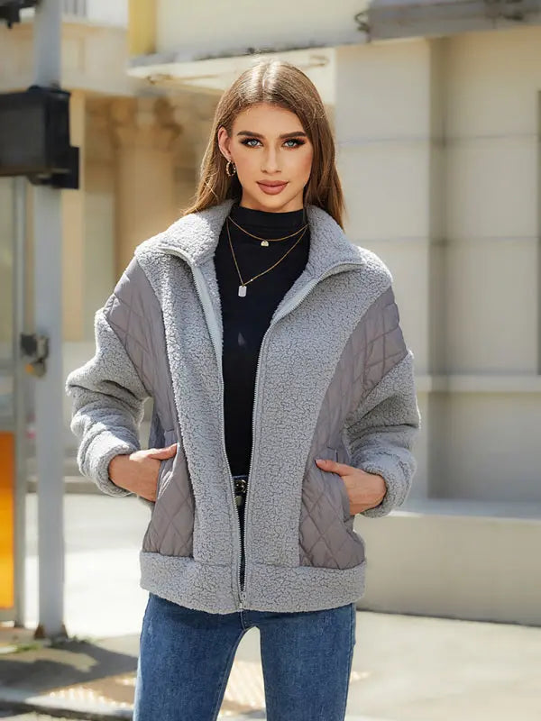 Blue Zone Planet | Long Sleeve Cardigan Zippered Plush Patchwork Jacket BLUE ZONE PLANET