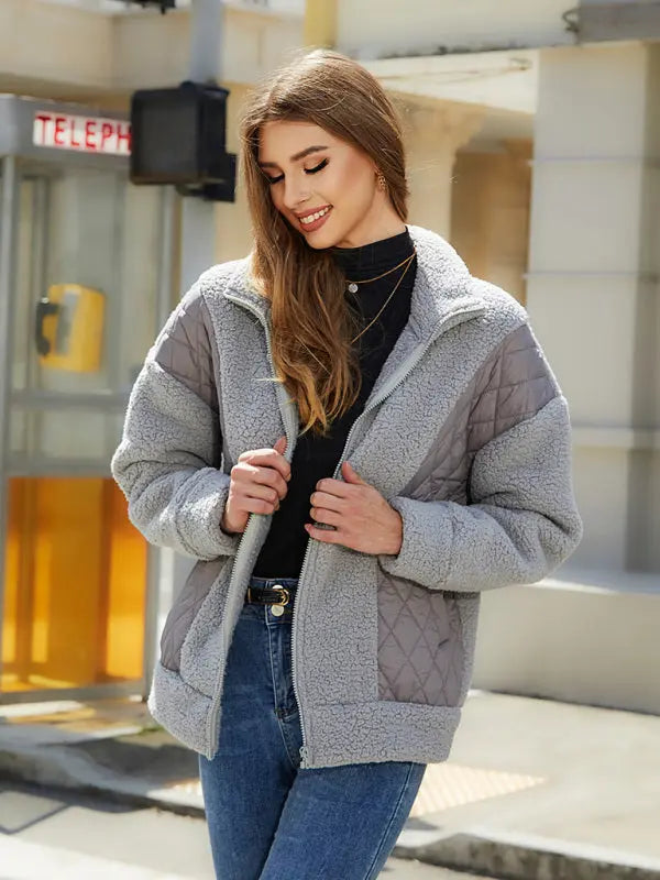 Blue Zone Planet | Long Sleeve Cardigan Zippered Plush Patchwork Jacket BLUE ZONE PLANET