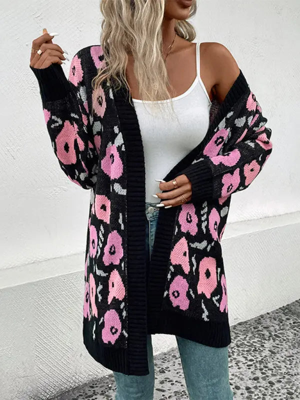 Blue Zone Planet | Long Sleeve Contrast Color Floral Knitted Sweater Cardigan BLUE ZONE PLANET