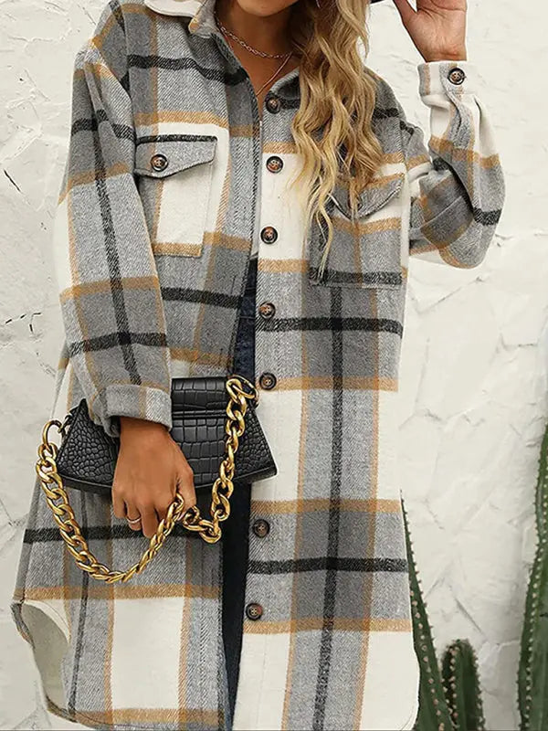 Blue Zone Planet | Long plaid lapel buttoned wool casual windbreaker jacket BLUE ZONE PLANET