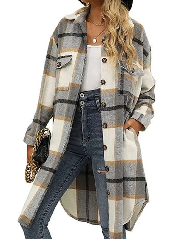 Blue Zone Planet | Long plaid lapel buttoned wool casual windbreaker jacket BLUE ZONE PLANET
