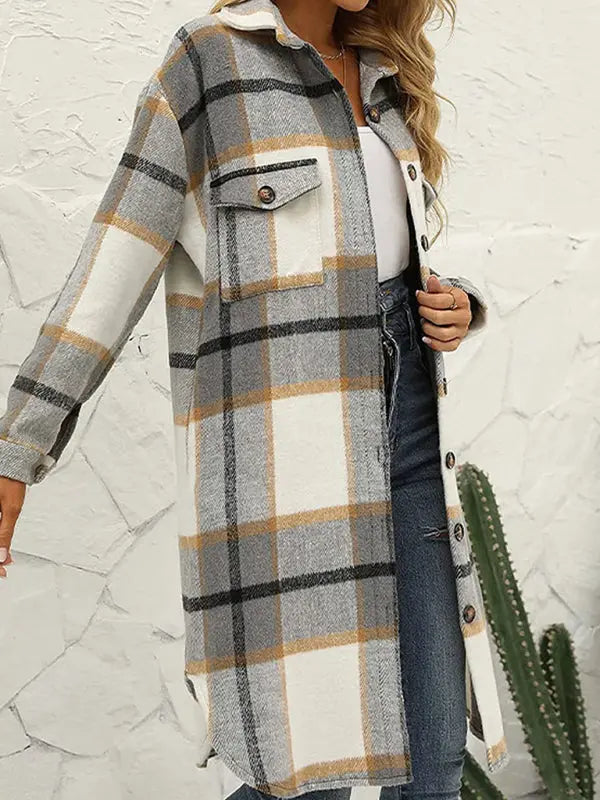 Blue Zone Planet | Long plaid lapel buttoned wool casual windbreaker jacket BLUE ZONE PLANET