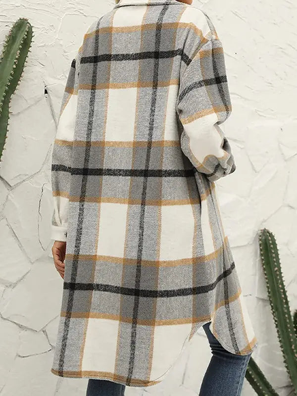 Blue Zone Planet | Long plaid lapel buttoned wool casual windbreaker jacket BLUE ZONE PLANET