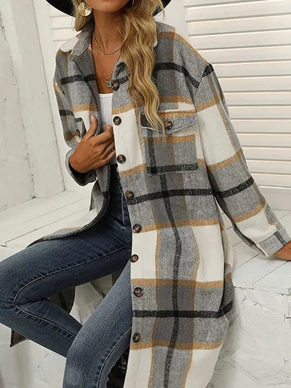 Blue Zone Planet | Long plaid lapel buttoned wool casual windbreaker jacket BLUE ZONE PLANET
