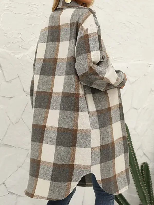 Blue Zone Planet | Long plaid lapel buttoned wool casual windbreaker jacket BLUE ZONE PLANET
