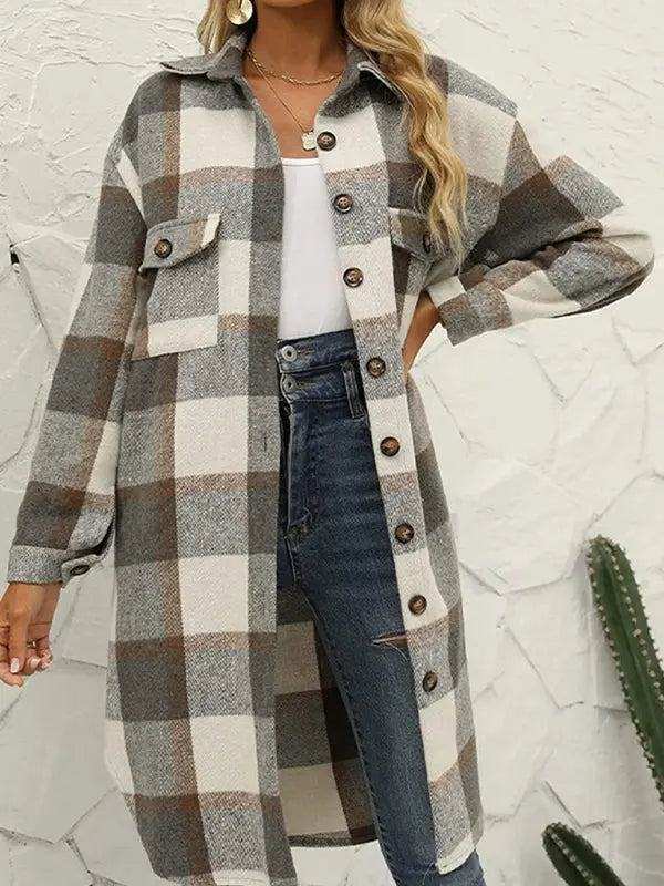 Blue Zone Planet | Long plaid lapel buttoned wool casual windbreaker jacket BLUE ZONE PLANET