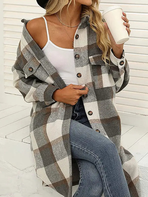 Blue Zone Planet | Long plaid lapel buttoned wool casual windbreaker jacket BLUE ZONE PLANET