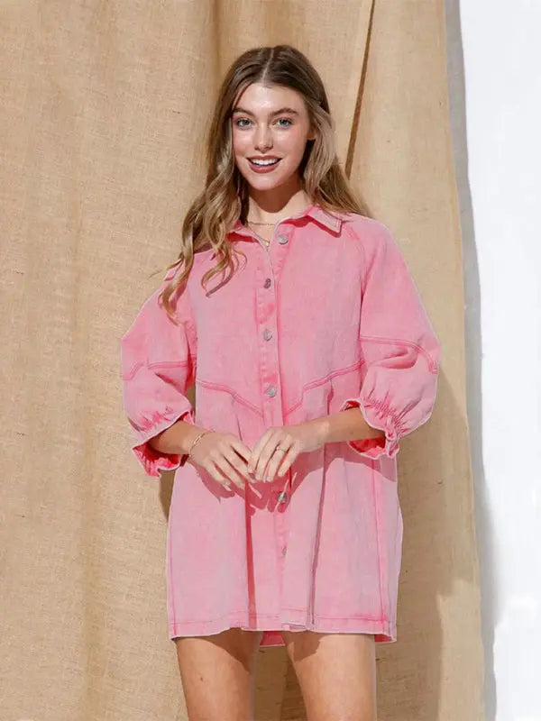 long sleeve pink denim dress Pink Denim Shirt Dress Women Girls Cute 3/4 Lantern Sleeve Button Down Tiered Babydoll Casual Loose Tunic Jean Short Dress-Pink|L at Amazon Women's Clothing store