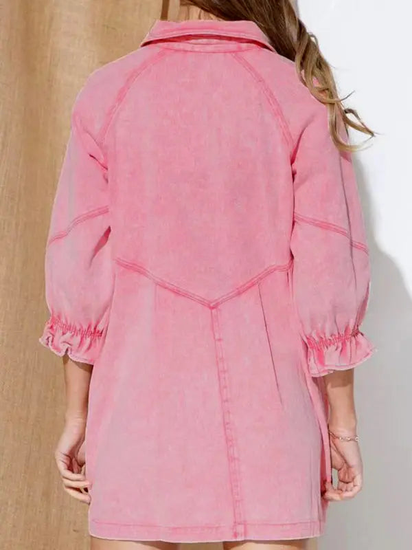 Blue Zone Planet | Loose Denim Balloon Sleeve Long Sleeve Dress BLUE ZONE PLANET