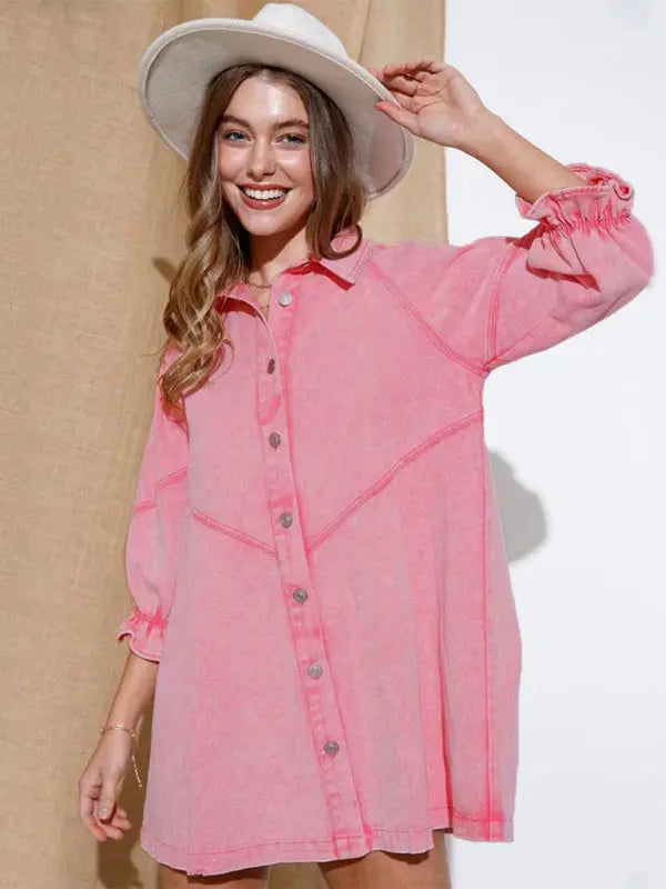 Blue Zone Planet | Loose Denim Balloon Sleeve Long Sleeve Dress BLUE ZONE PLANET