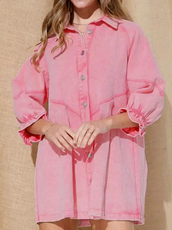 Blue Zone Planet | Loose Denim Balloon Sleeve Long Sleeve Dress BLUE ZONE PLANET