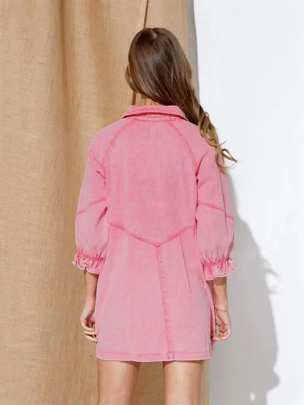 Blue Zone Planet | Loose Denim Balloon Sleeve Long Sleeve Dress BLUE ZONE PLANET