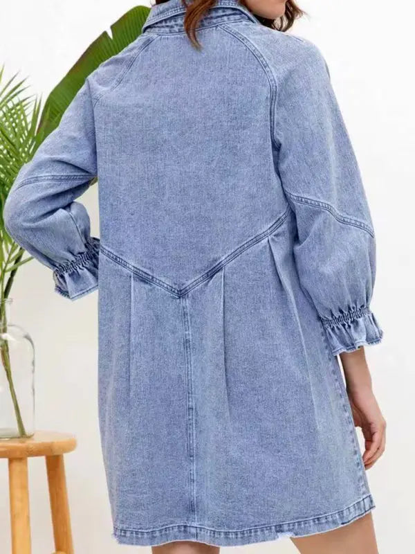 Blue Zone Planet | Loose Denim Balloon Sleeve Long Sleeve Dress BLUE ZONE PLANET